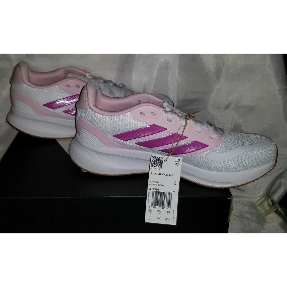 Adidas Runfalcon 5 J Running Shoes women 7 White Pink Excellent Cloudfoam JP9396